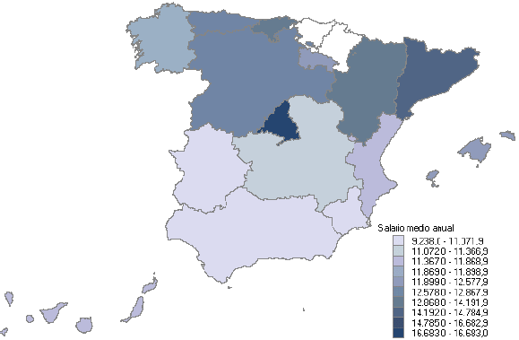 Mapa con la distribución del salario medio anual por comunidades autónomas