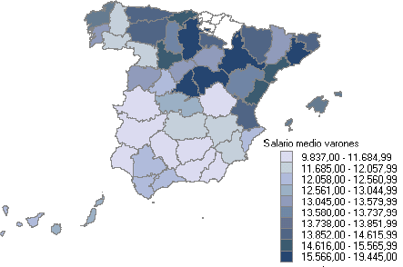 Mapa con la distribución del salario medio anual por Provincias