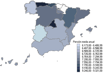 Districución de pensiones medias por comunidades autónomas