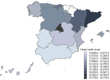 Mapa con la distribución del salario medio anual por comunidades autónomas