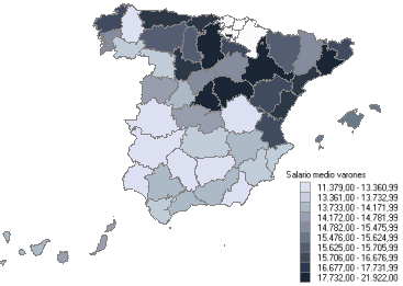 Mapa con la distribución del salario medio anual por Provincias