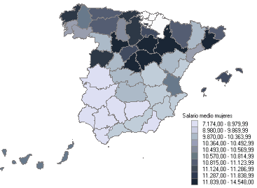 Mapa con la distribución del salario medio anual por provincias (hombres)