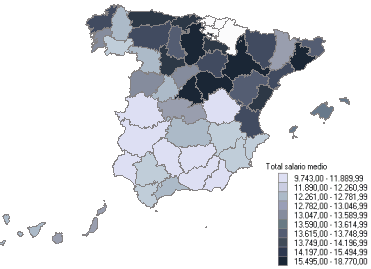 Mapa con la distribución del salario medio anual por provincias (mujeres)