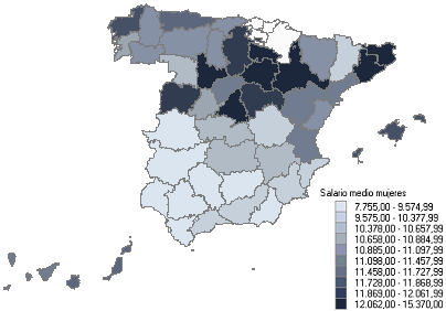Mapa con la distribución del salario medio anual por provincias (hombres)