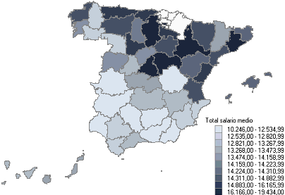 Mapa con la distribución del salario medio anual por provincias (mujeres)