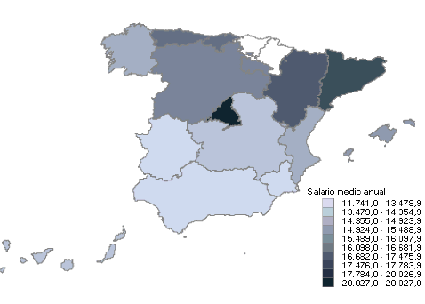 Mapa con la distribución del salario medio anual por comunidades autónomas
