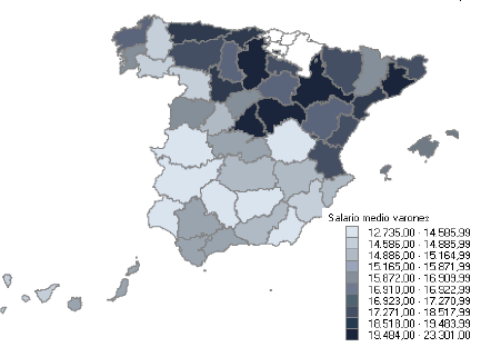 Mapa con la distribución del salario medio anual por Provincias