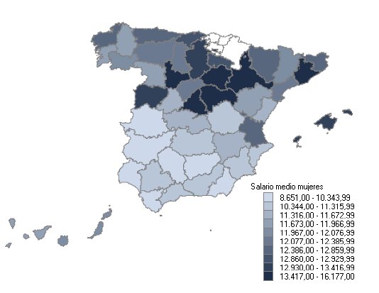 Mapa con la distribución del salario medio anual por provincias (hombres)