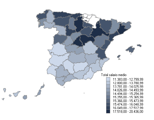 Mapa con la distribución del salario medio anual por provincias (mujeres)