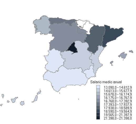 Mapa con la distribuci&oacute;n del salario medio anual por comunidades aut&oacute;nomas