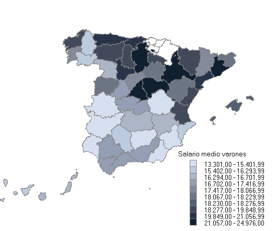 Mapa con la distribución del salario medio anual por provincias (HOMBRES)