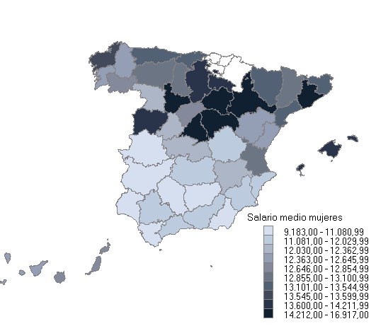 Mapa con la distribuci&oacute;n del salario medio anual por provincias (MUJERES)