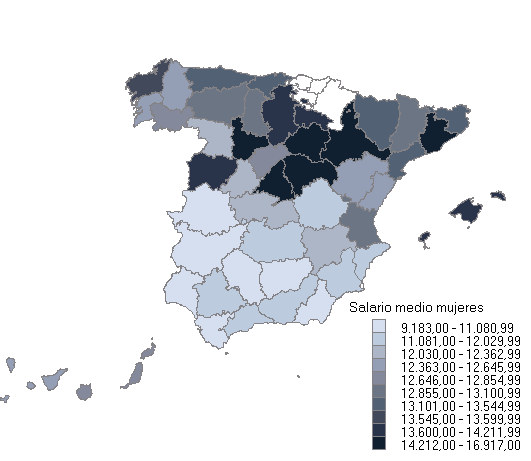 Mapa con la distribución del salario medio anual por provincias (MUJERES)