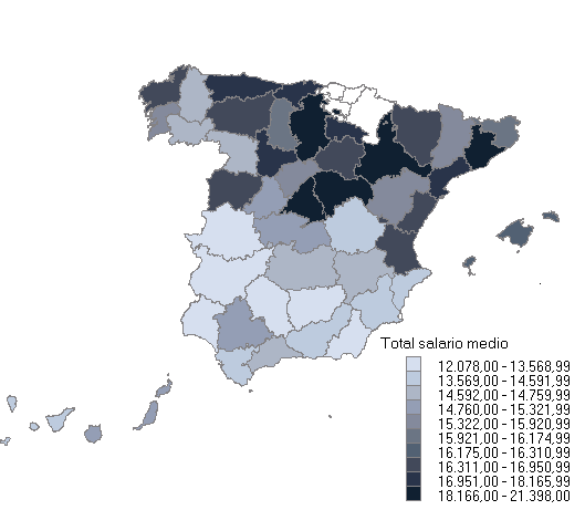 Mapa con la distribución del salario medio anual por provincias
