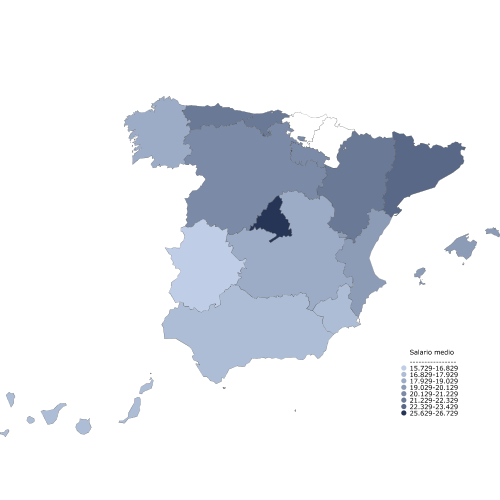 Mapa con la distribución del salario medio anual por comunidades autónomas: Varón