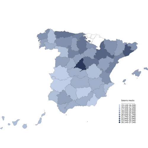 Mapa con la distribución del salario medio anual por provincias: Varón