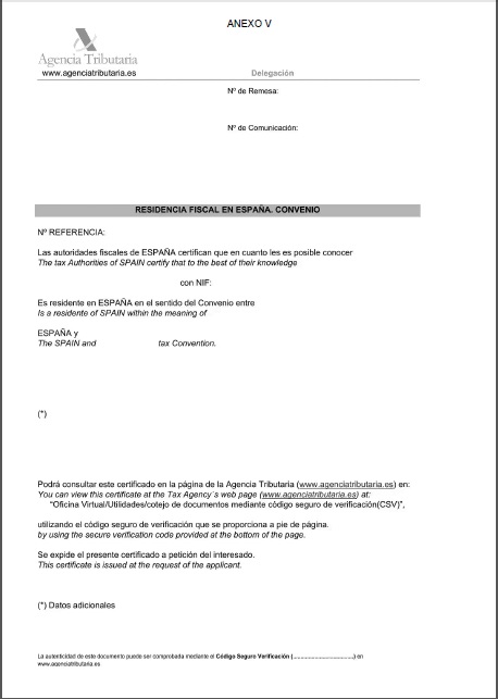 certificats de residència fiscal aprovats per l'Ordre EHA/3316/2010.Annex V