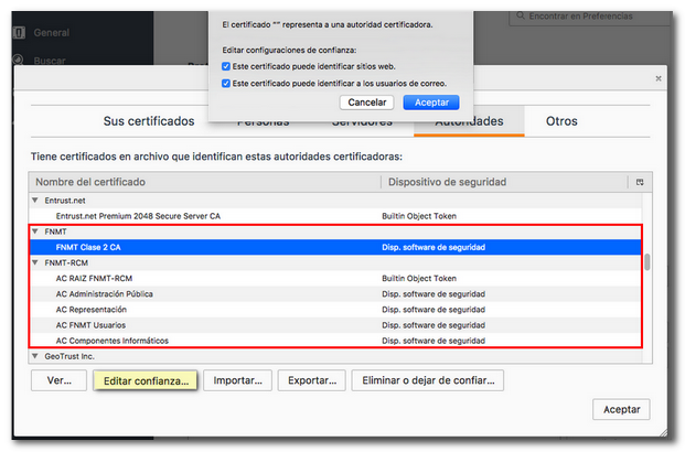 Editar confianza certificados raíz FNMT Firefox