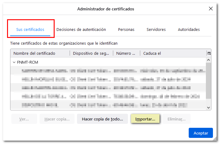 Imagen de la opci&oacute;n "Importar" certificado