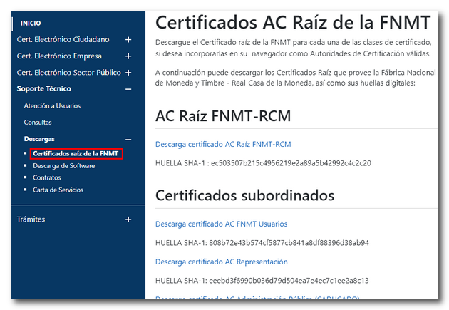 Descarga certificados raíz FNMT