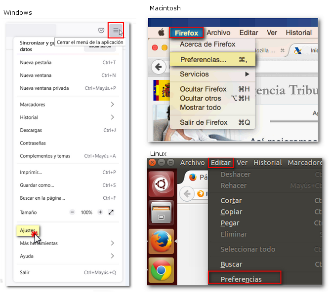 Opcions de Firefox en Windows, Macintosh i Linux