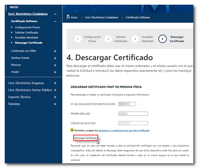 Descarga do certificado