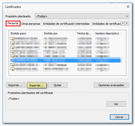 Personal tab certificate and export
