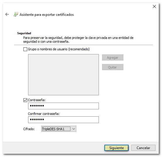 Set password copy certificate
