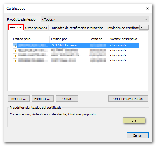Ver certificado en almacén en Explorer ou Chrome