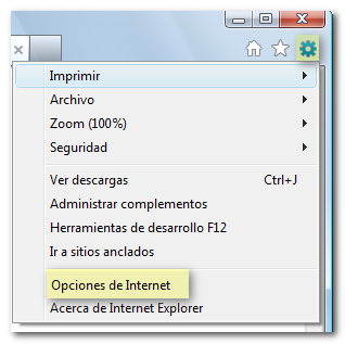 Opciones de internet en Explorer