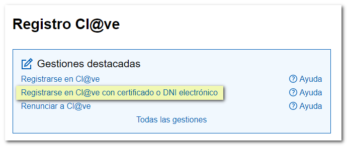 Registro en Cl@ve con certificado o DNI electrónico