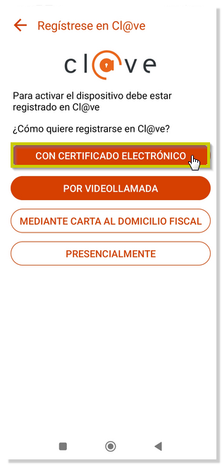 Registro con certificado desde app