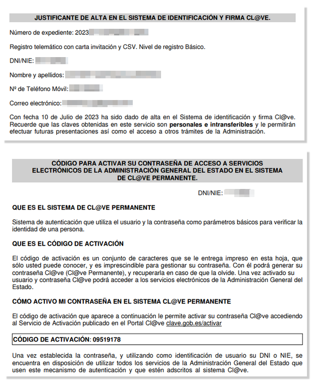 PDF receipt for registration in Cl@ve