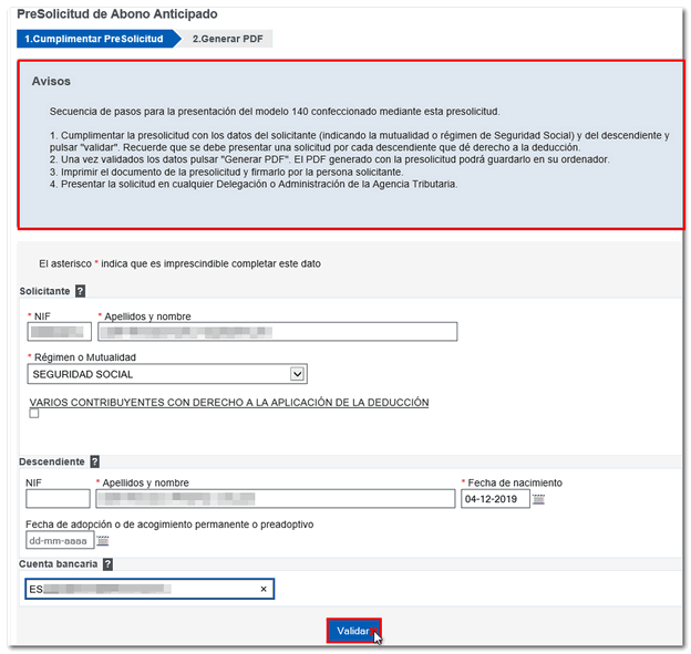 Validate form of model 140 to generate the pre-declaration