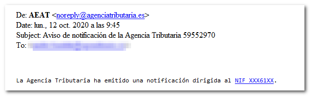 Correo falso "Aviso de notificación de la Agencia Tributaria 59552970"
