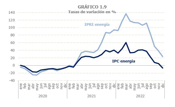 Gráfico 1.9. Prezos enerxéticos: IPC enerxía e IPRI enerxía, taxas de variación interanual mensuais.