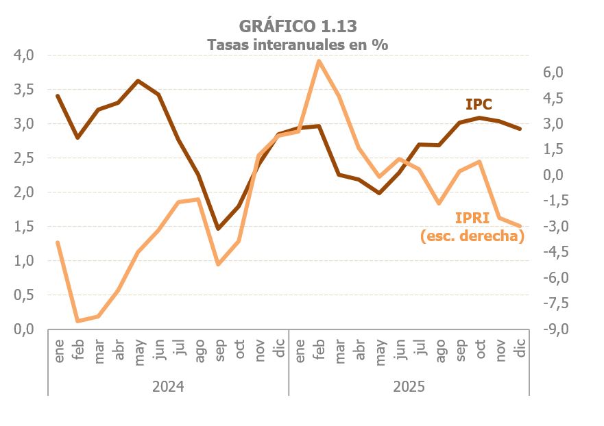 Gràfic 1.13. Preus: IPC e IPRI, taxes de variació interanual mensuals