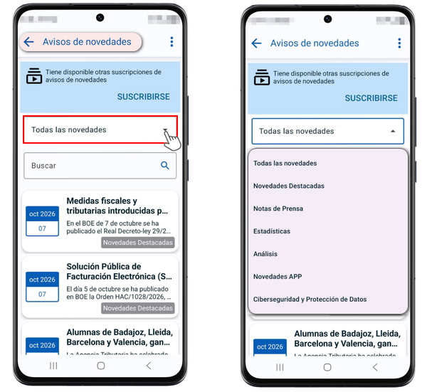 Avisos de novidades, filtro
