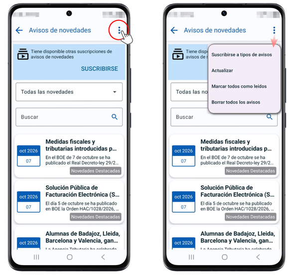 Avisos de novidades, opcións