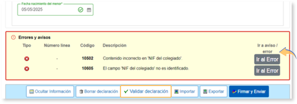 validar con errores visado COGA