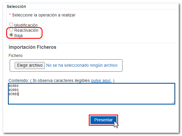 Baja o Reactivaci&oacute;n masiva