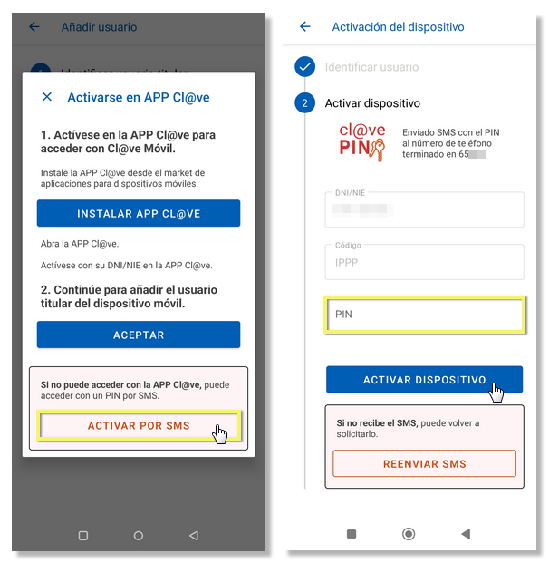 AEAT APP activation with SMS