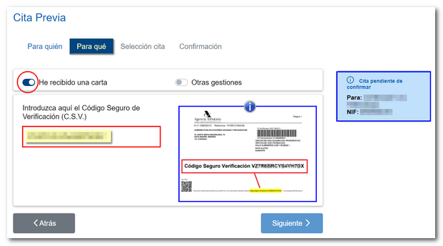 Request for an appointment with the csv of a letter received from the AEAT (Spanish Tax Authorities)