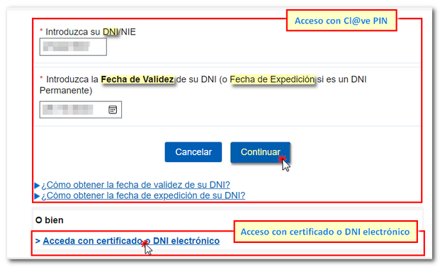 Access with Cl@ve PIN or certificate