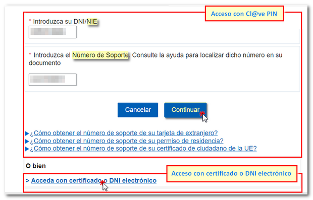 Access with Cl@ve or certificate