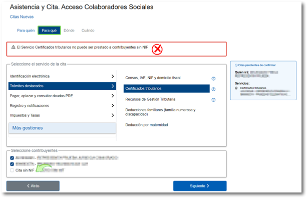 Servici no disponibles per a contribuents sense NIF