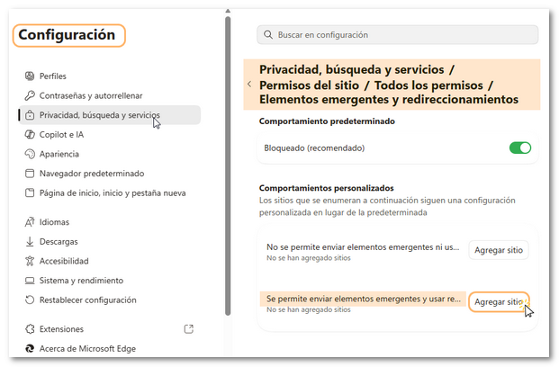 Privacidad, b&uacute;squeda y servicios