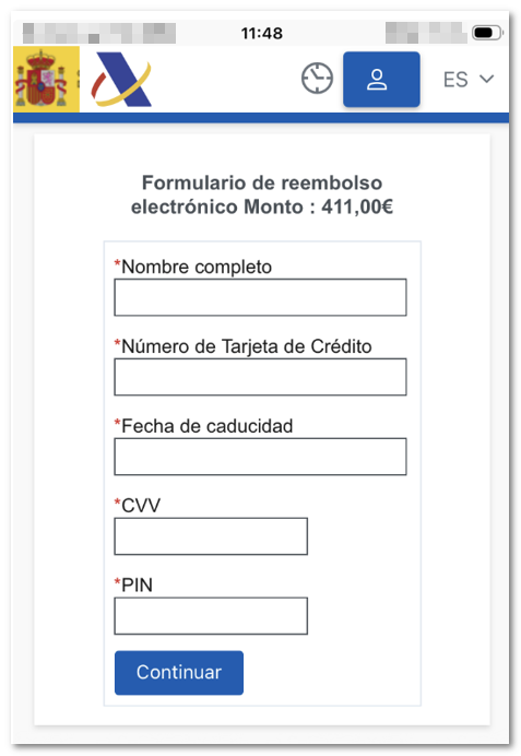 Formulario phishing falso fraude
