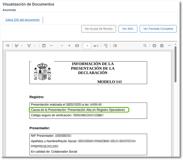 Justificante de la presentaci&oacute;n