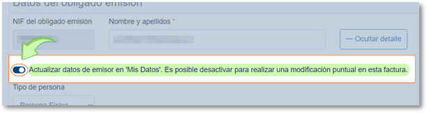 Desactivar casilla para que no se actualicen los datos del emisor.